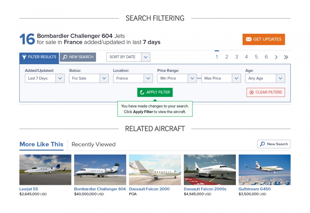 Aircraft search filtering controls