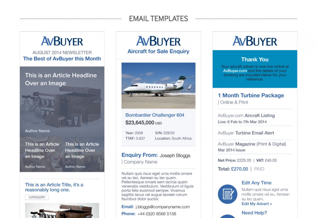 Aircraft sales mobile email templates