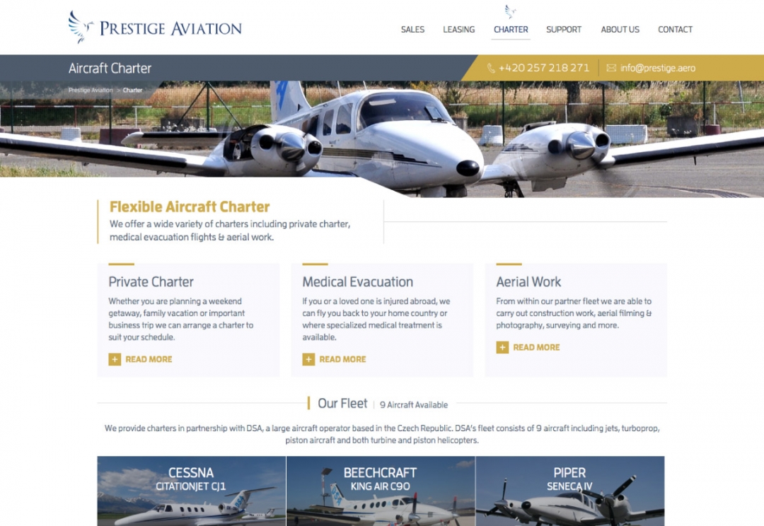 Aircraft sales, charter and leasing website design