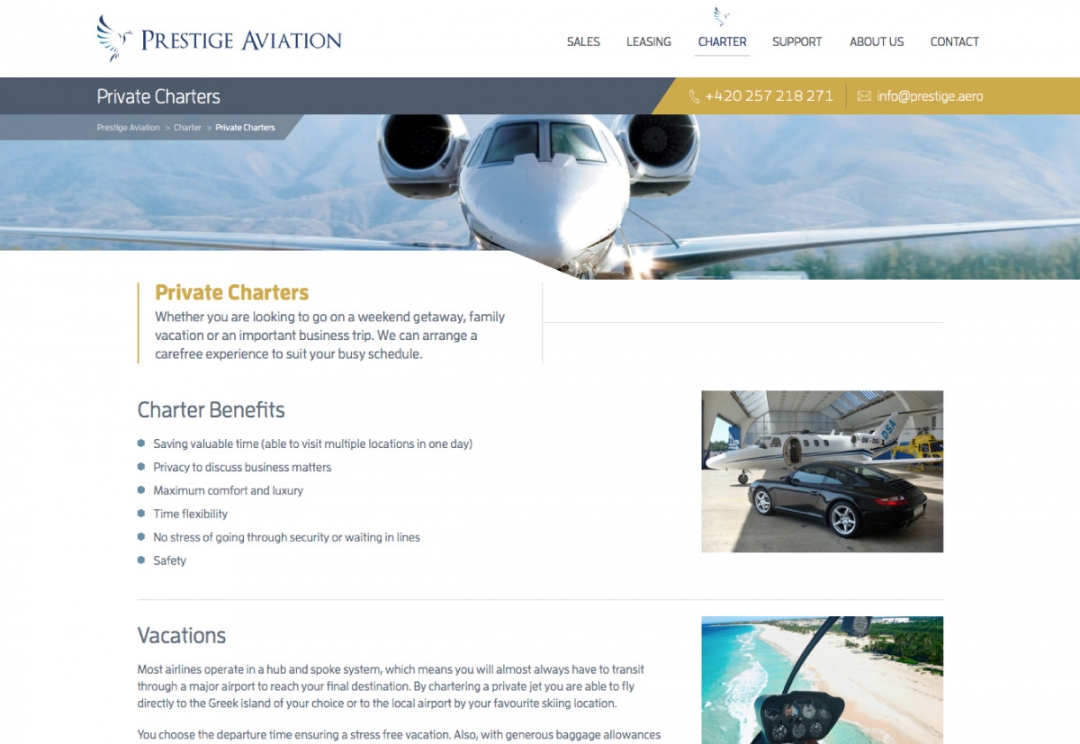 Aircraft sales, charter and leasing website design