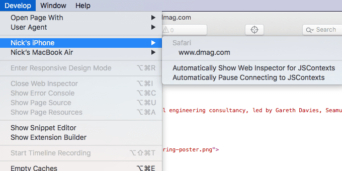 Safari Developer menu