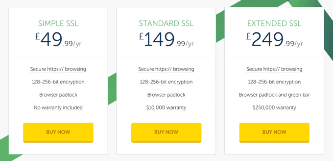 SSL certificate options from Heartinternet